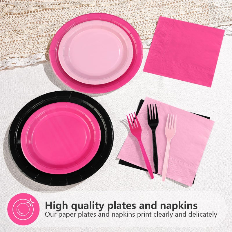 Grencian 96 Pcs Pink and Black Birthday Decorations Hot Pink Party Plates and Napkins Disposable Heavy Duty Pink and Black Tableware Set for Girls Women Birthday Bridal Shower Wedding Party Decor - Image 3